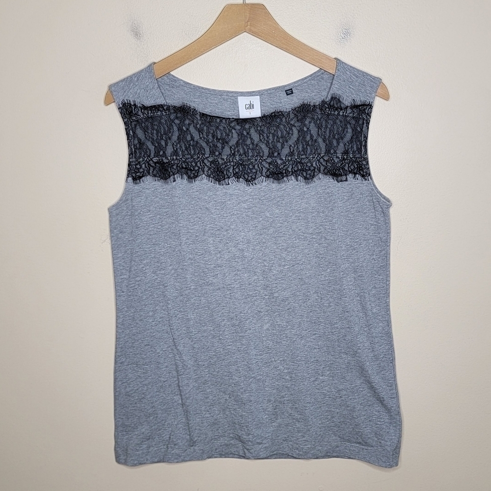 Cabi #3815 Lacey Gray Tank Top with Black Lace Trim Upper Small